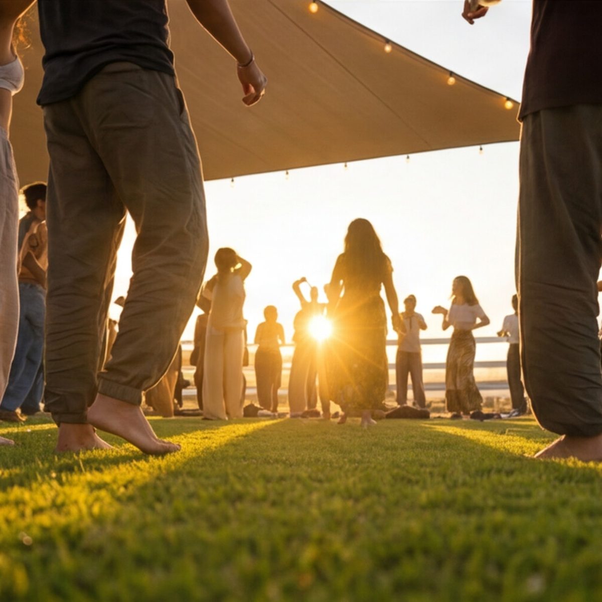 Sound bath closing the Ecstatic Dance practice in Cyprus — singing bowls on the grass