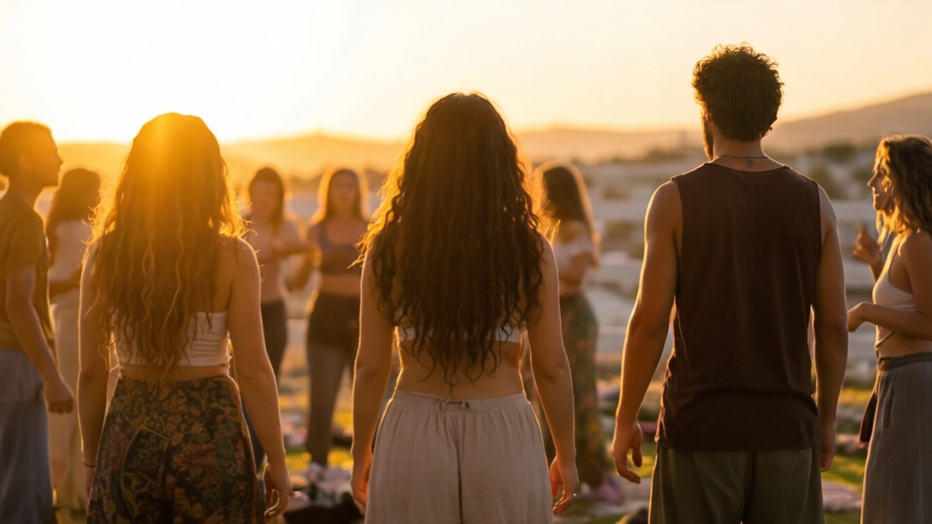 Ecstatic Dance Cyprus — dancers gathered on the grass at sunset at Rancho Meadow Paradise, Limassol